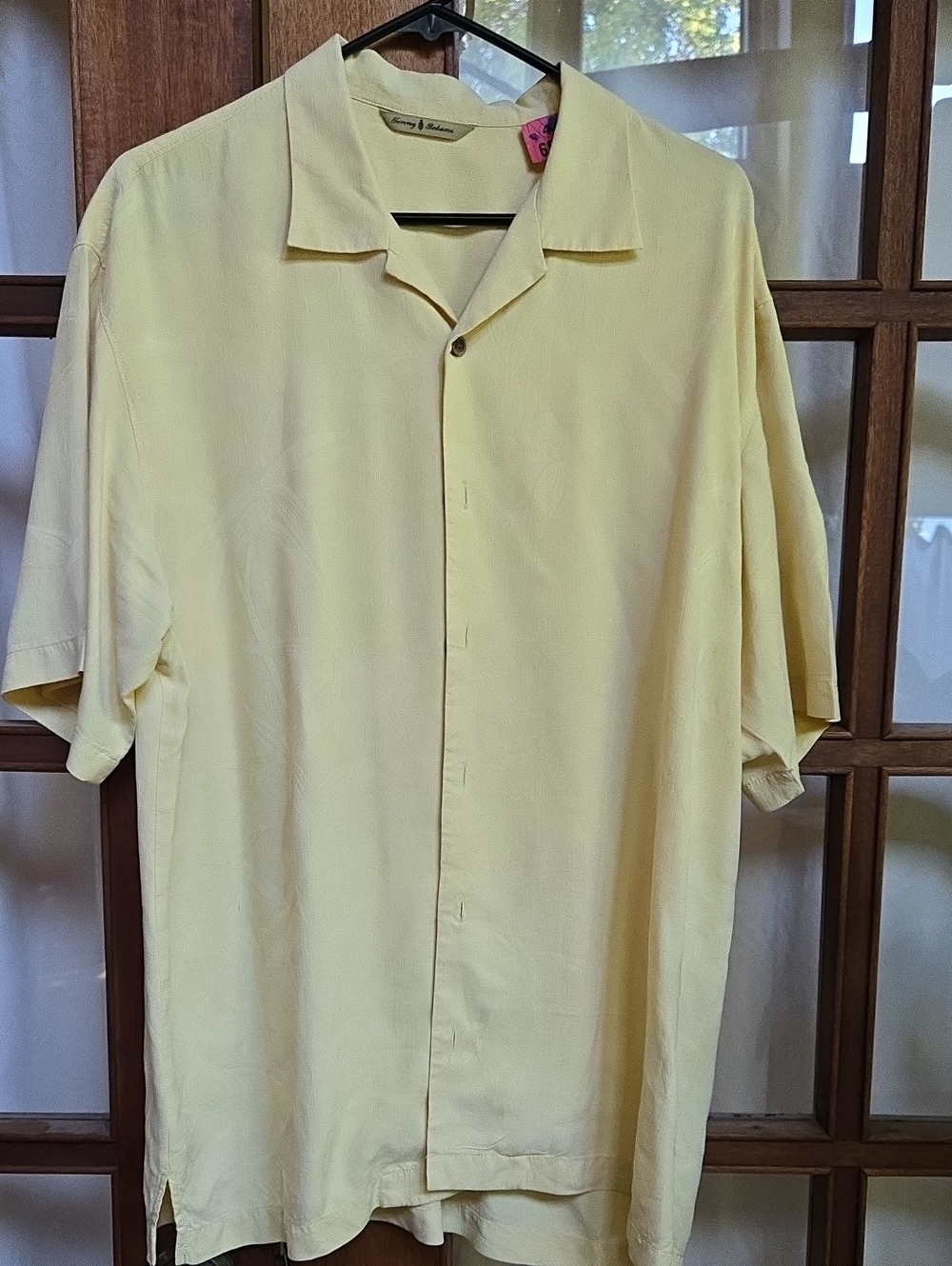 Mens Tommy Bahama Pale Yellow Short-Sleeve 100% Silk Shirt Bamboo Design